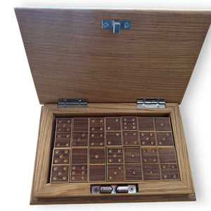 opened wooden dominos box