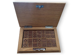 opened wooden dominos box
